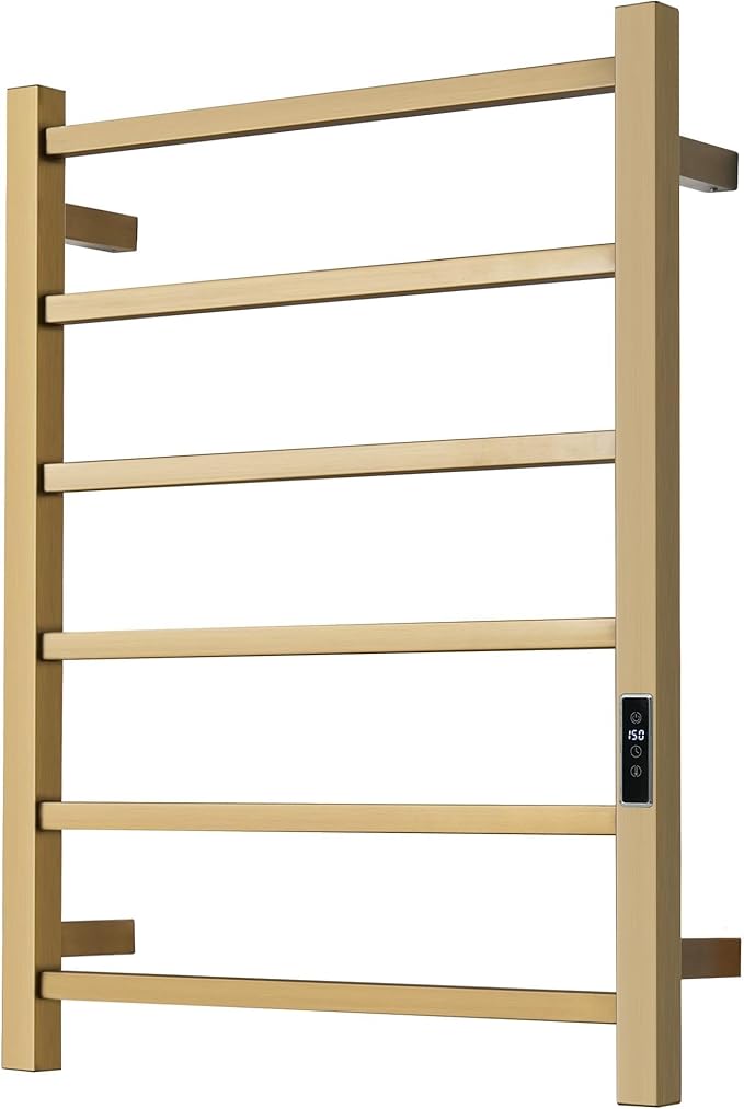 Heated Towel Racks for Bathroom, Wall Mounted Electric Towel Warmer Racks with Timer & Temperature Control, Stainless Steel Towel Heater for Bathroom (Square-Brushed Gold 6 Bars)