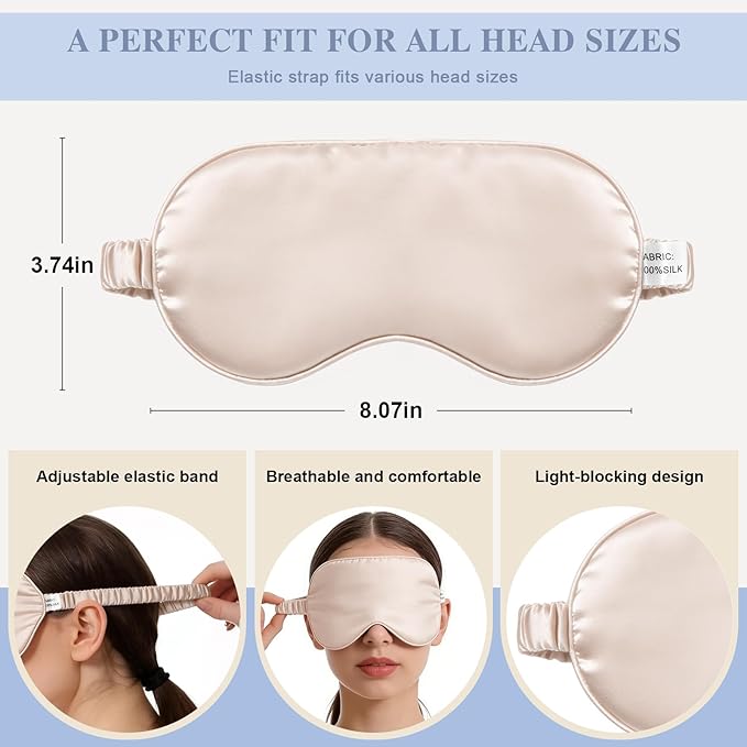 Silk Sleep Mask,Eye Mask for Sleep Women Men,Mulberry Sleeping Mask with Adjustable Strap,Blindfold Blackout Eye Mask for Travel and Full Night's Sleep,Nap