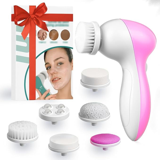 Facial Cleansing Brush Face Scrubber, 7-in-1 Electric Spin Cleanser Brushes with 6 Brush Heads for Deep Cleansing, Gentle Exfoliating, Removing Blackheads, Massaging (White & Pink)