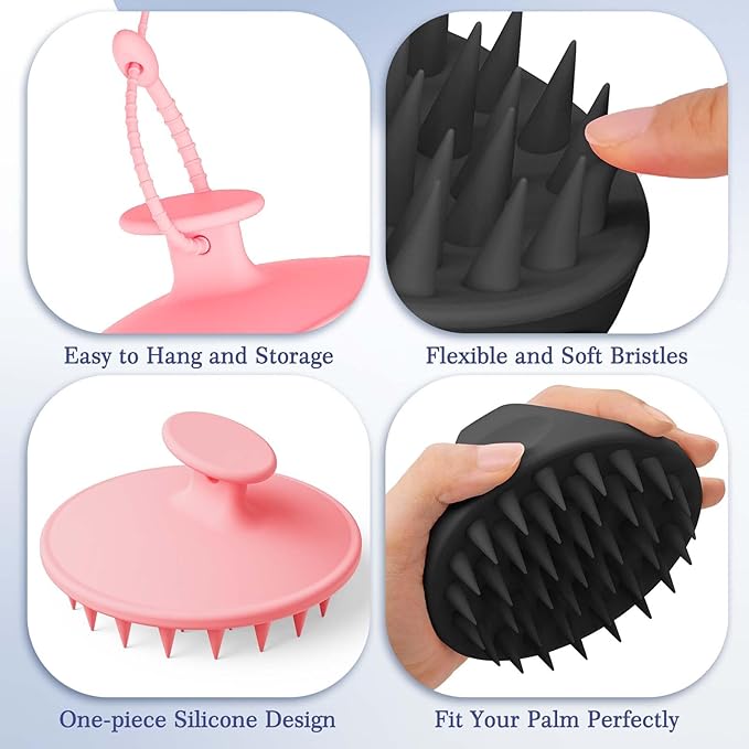 Manmihealth Large Hair Scalp Scrubber, One-piece Silicone Scalp Massager for Wet Dry, Long Bristles Shampoo Brush for Dandruff Removal and Hair Growth with Free Strap&Hook.(Pink+Black)