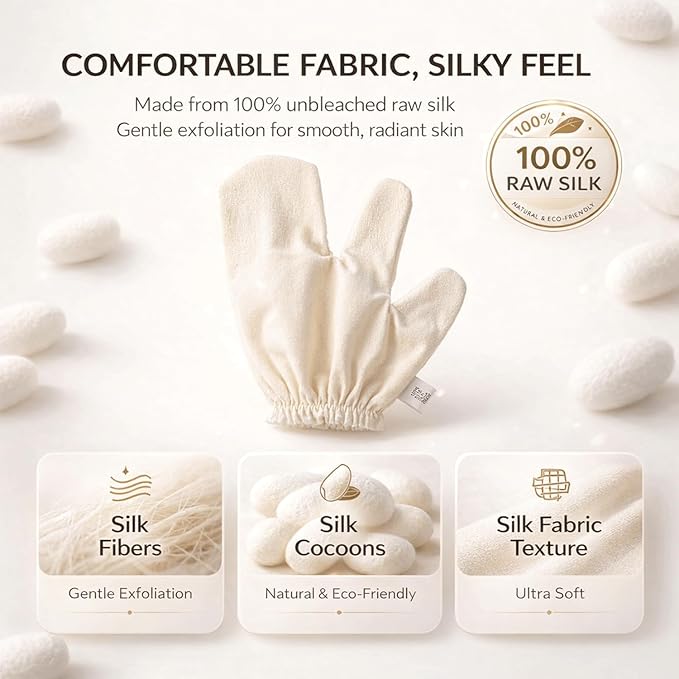 Garshana Gloves Raw Silk Gloves for Dry Brushing, Raw Silk Massage Gloves Exfoliating Body Scrub Mitt for Pre Shower Spa Massage, Ayurvedic Inspired Skin Brushing Massage,2PCS