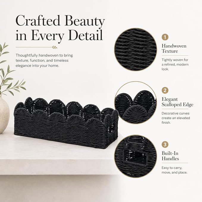Scalloped Toilet Tank Basket for Back of Toilet, Black Wicker Bathroom Tray for Toilet Paper Storage, Bathroom Organizer for Tank Top, Countertop & Small Spaces
