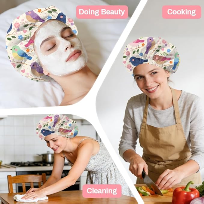 Bohemian Birds Flowers Reusable Shower Cap Cute Double Layer Waterproof Shower Caps Large Elastic Hair Cover Adjustable Hair - Drying Caps for Woman Bath SPA Travel One Size Fits Most
