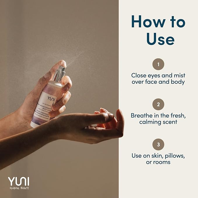 YUNI Beauty Calming Body Mist (4oz) My OM World - Natural Aromatic Oils - Relaxing Stress Relief - Promotes Focus & Clarity - All Natural, Paraben-Free, Cruelty-Free