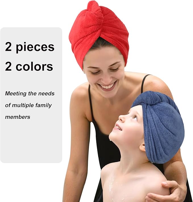 Microfiber Hair Drying Towel Wrap for Women, Hair Turbans Towel for Wet Hair,turbie Twist Hair Towels(The Color of the Picture is for Reference only) (Dark Blue,Red)