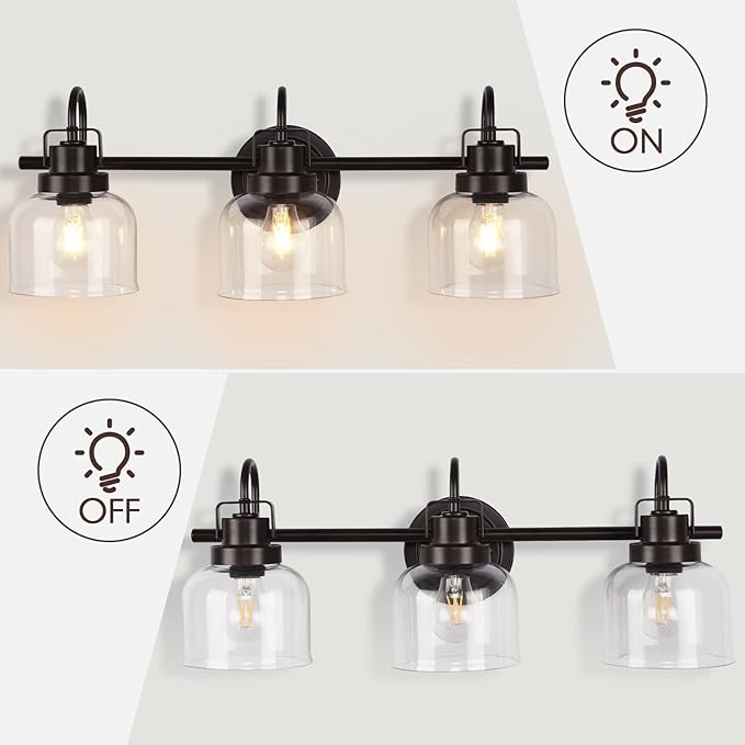 Bronze Bathroom Vanity Lights, 3-Light Vanity Light Fixtures for Bathroom, Oil Rubbed Bronze Vanity Light with Clear Glass Shade, Wall Sconces Lighting for Bathroom, Living Room, Hallway(E26 Base)