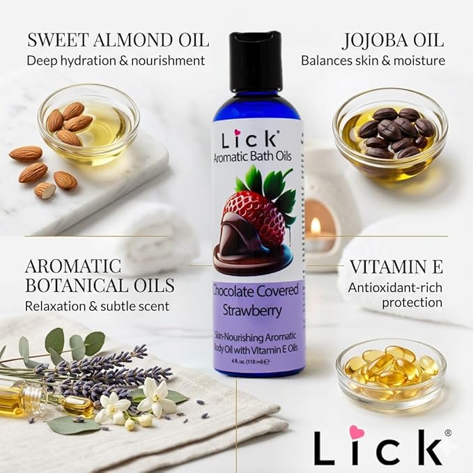 Lick Chocolate Covered Strawberry Aromatic Bath Oil - Indulgent Dessert Blends - Aromatherapy Soak Oils for Skin Softening, 4 oz