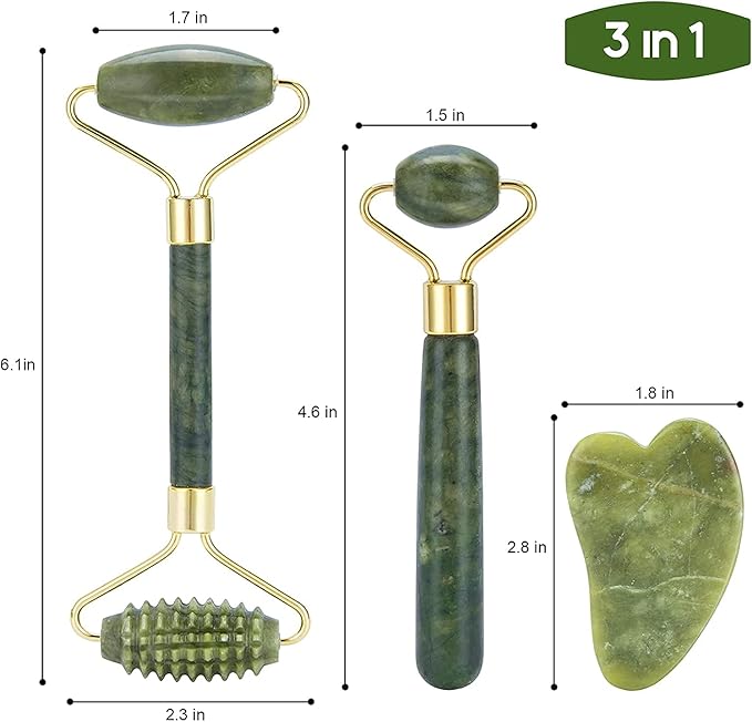 3 in 1 Jade Roller & Gua Sha Set - Natural Jade Facial Massager with Textured Roller, Anti Aging Skincare Tools for Face, Eye, Neck Massage, Promote Serum Absorption, Bester Gift for Women & Men