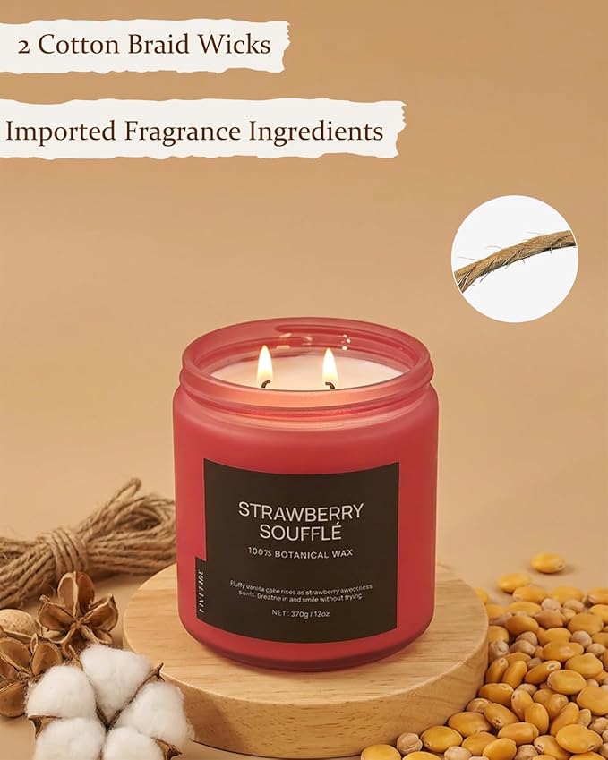 Strawberry Soufflé Home Scented Candles, 13oz Organic Soy Wax, 76-Hour Clean Burning, Natural Non-Toxic, Sweet & Fruity Gourmand Scent for Relaxation, Aromatherapy Housewarming Candle Men Women