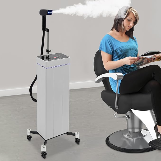 3 In 1 Standing Nano Hair Steamer Heated Micro Mist Spray Negative Ion Blue Light Hair Care Nanoscale Steamer for Deep Conditioning with Removable Nozzle & Wheels, 10 Levels Fog Output, 0.13Gal Tank