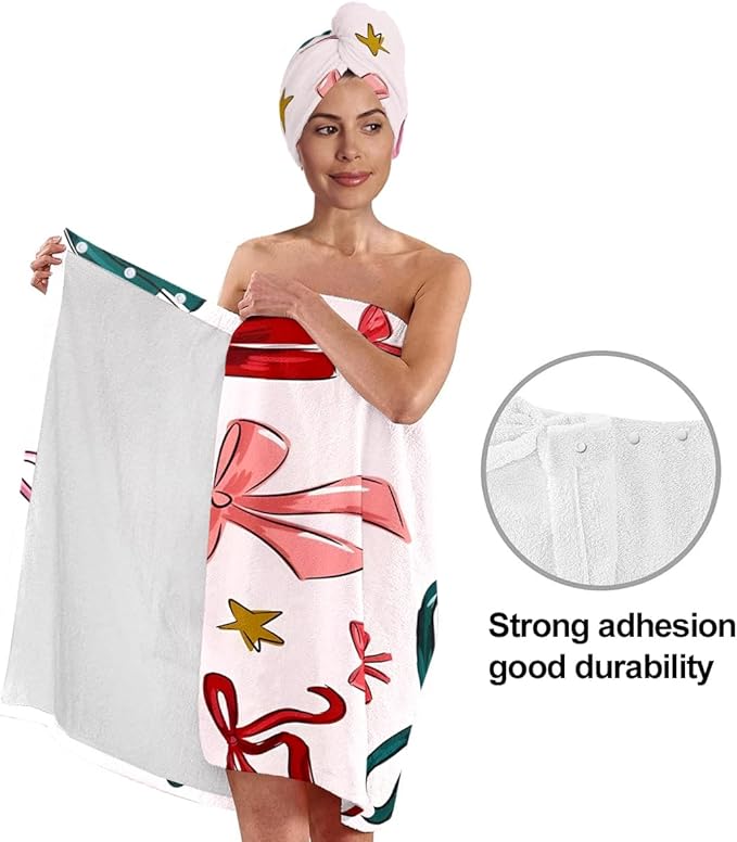 Gift Bow Bath Wrap with Hair Drying Cap – Microfiber Quick Dry Shower Towel Skirt and Turban Set for Women, Festive Ribbon Star Spa Gift (Bow 4)