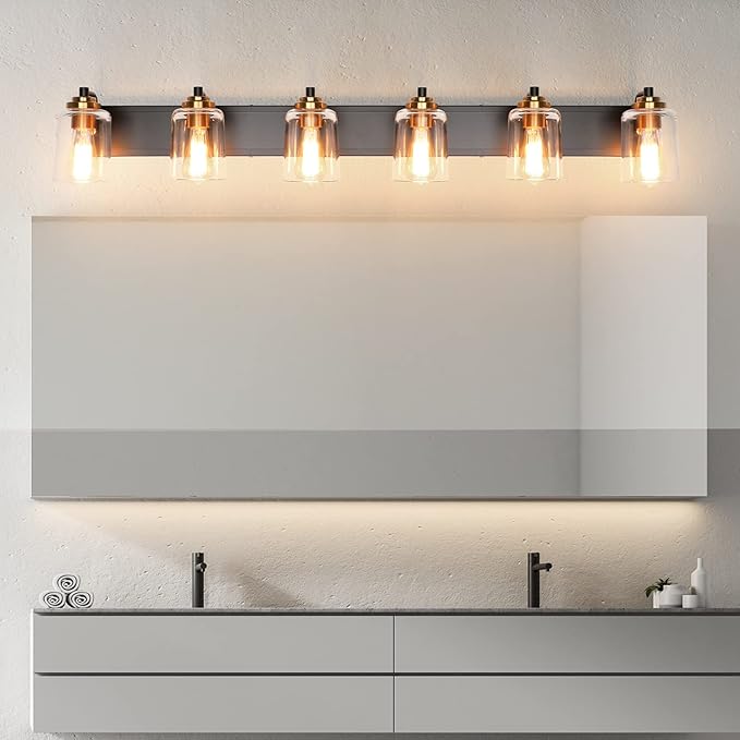 SOLFART Bathroom Vanity Light Black and Brass Bathroom Light fixtures Durable Glass Globe Vintage Stylish Lighting 6 Lights(8580)