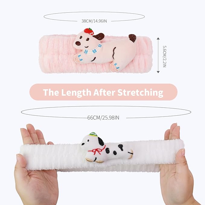 PERFECTSIGHT Kawaii Headband for Spa, Makeup, Washing Face, Party - 2 Pack Cute Hair Band for Shower Beauty Skincare, Soft Facial Headbands for Girls and Women (White+Pink Puppy)