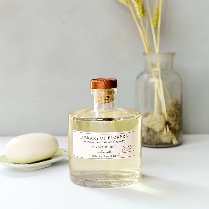 Library of Flowers Forget Me Not Bubble Bath, Osmanthus, Rice Powder & White Orchid Storied Fragrance, 17 fl. oz. Luxury Hydrating Bubbling Soap, Richly Scented Bath and Body Product