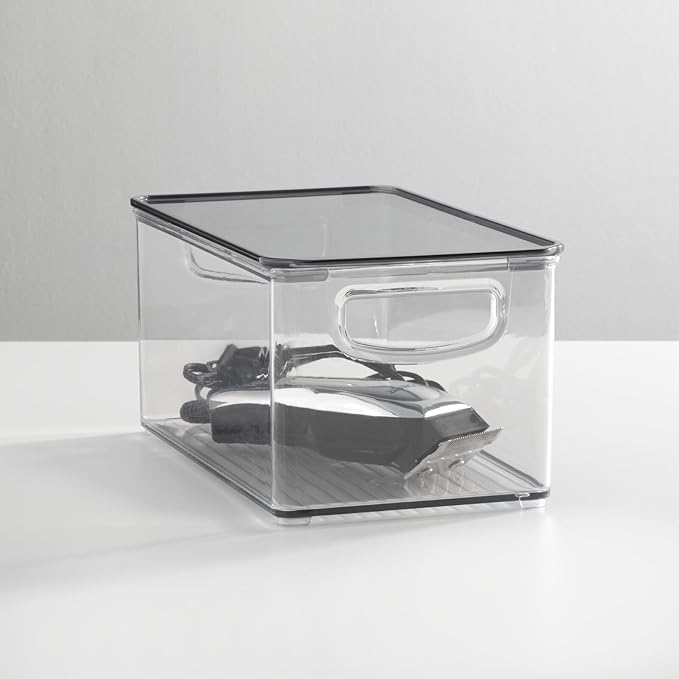 mDesign Deep Plastic Bathroom Storage Bin Box, Lid/Built-in Handles, Organization for Makeup, Hair Styling Tools, Toiletry Accessories in Cabinet, Shelves, Ligne Collection, 2 Pack, Clear/Smoke Gray