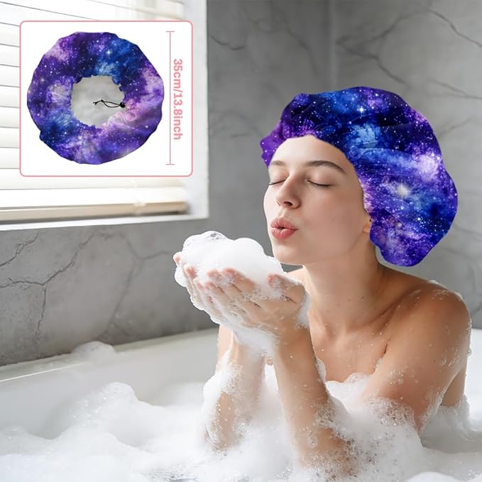 Starry Sky Reusable Shower Cap Milky Way Double Layer Waterproof Shower Caps Large Elastic Hair Cover Adjustable Hair - Drying Caps for Woman Man Bath SPA Travel One Size Fits Most