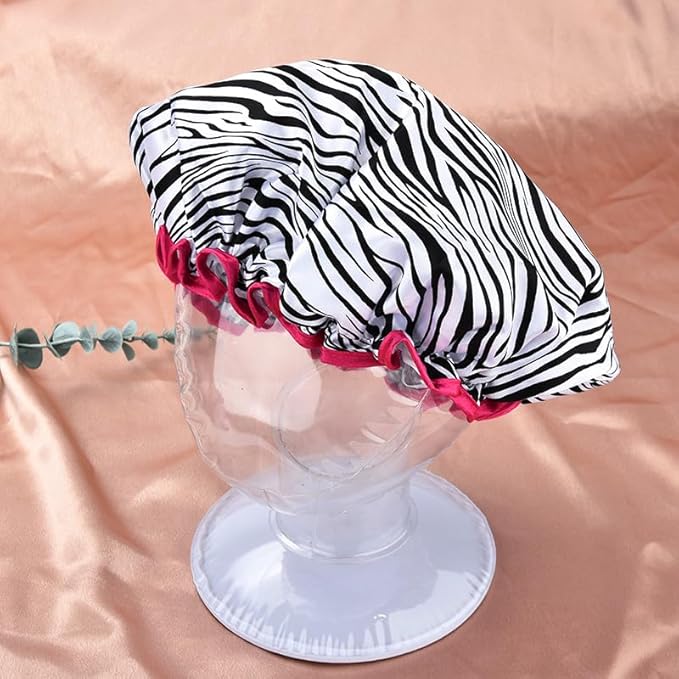 Vintage Zebra Print Shower Cap for Women Reusable Waterproof Large Adjustable Cute Shower Caps for Women Washable Elastic Womens Big Bathing Cap for Long Short Hair Zebra Print Bath Caps for Washing