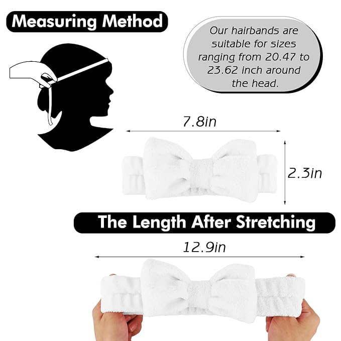 Zkptops 6Pcs Spa Headband for Washing Face Wristbands Set Women Bubble Makeup Sponge Terry Cloth Padded Puffy Skincare Headband Bow Tie Hairband Cute Non Slip Thick Hair Accessory Gifts (White)