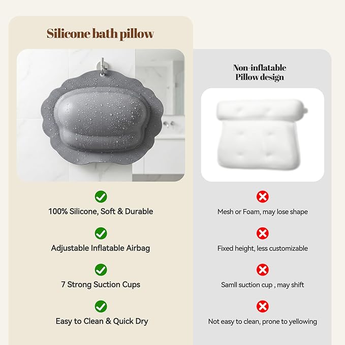 Silicone Bath Pillow for Tub – Inflatable Bathtub Pillows for Head & Neck Support, Waterproof Bath Cushion for Jetted Tub, Gifts for Mom Women