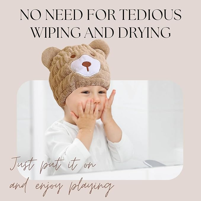 Microfiber Hair Towel Wrap for Kids, Brown Bear Dry Hair Cap Suck Water, Absorbent Quick Girls Boys Hair Drying Towel, Lightweight Bouncy Hat Headscarf for Wet Hair