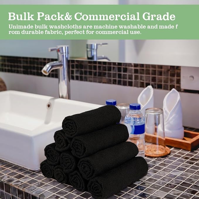 UNIMADE Washcloths Bulk - 10 Pack - Face Towels (12" x 12"), Highly Soft Wash Cloths and Hand Towels, Fast Drying Multi-Purpose Microfiber Cleansing Cloths for Bathroom, Hotel, Spa, and Salon - Black