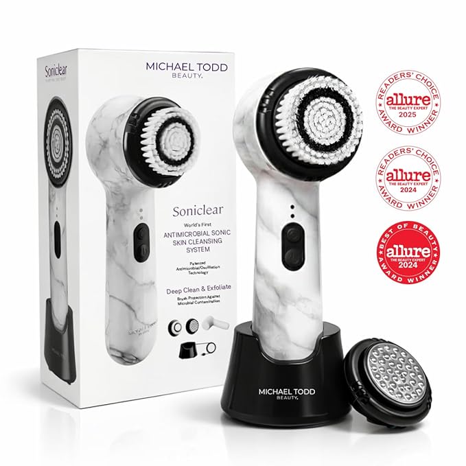 Michael Todd Beauty Soniclear Allure 2024 Best of Beauty Winner Facial Cleansing + Exfoliation Brush System with Antimicrobial Protected Bristles, 4 speeds, Serum Infusion Head + Travel Case