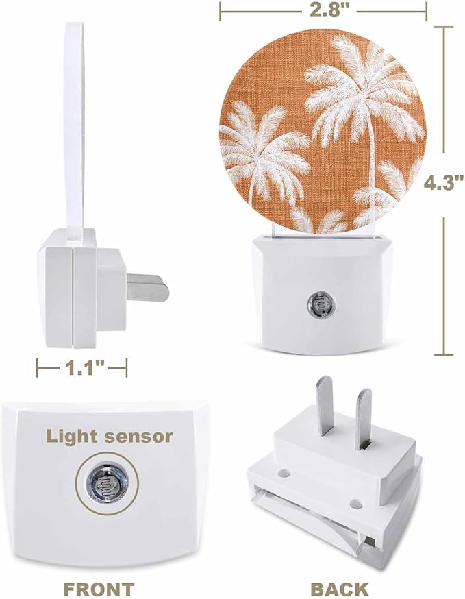 Night Lights Auto Sensor Tropical Palm Trees Night Light Orange Linen Coastal Round Lamp Plug-in LED Nightlights Dusk to Dawn for Living Room Bedroom Bathroom Hallway Wall Decor