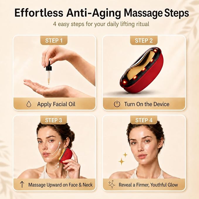 ZDEER Electric Gua Sha Facial Care Set – Heated Brass Face & Neck Massager with Red Light Therapy & Soothing Vibration, Includes 2 × 10ml Massage Oils for Face & Body Care