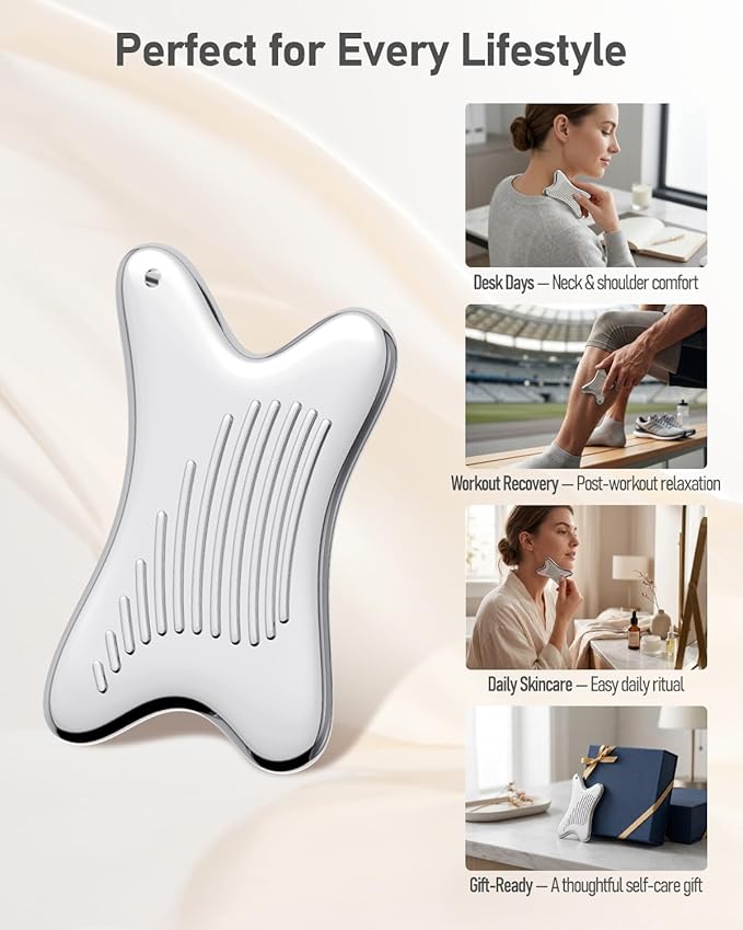Non-Slip Grip Stainless Steel Gua Sha Facial Tools, 2026 Updated X-shaped Guasha Massage Tool, Cooling Metal Face Massager Scraper for Face Jawline, Cheeks & Chin, Gifts for Women Moms(Silver)