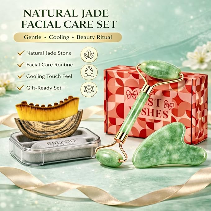 Lymphatic Contour Face Brush & Natural Jade Roller Set - Premium Xiuyu Jade Gua Sha Tool with Facial Massage Roller - Complete Skin Care Kit for Jawline Sculpting, Puffiness Relief (Green)