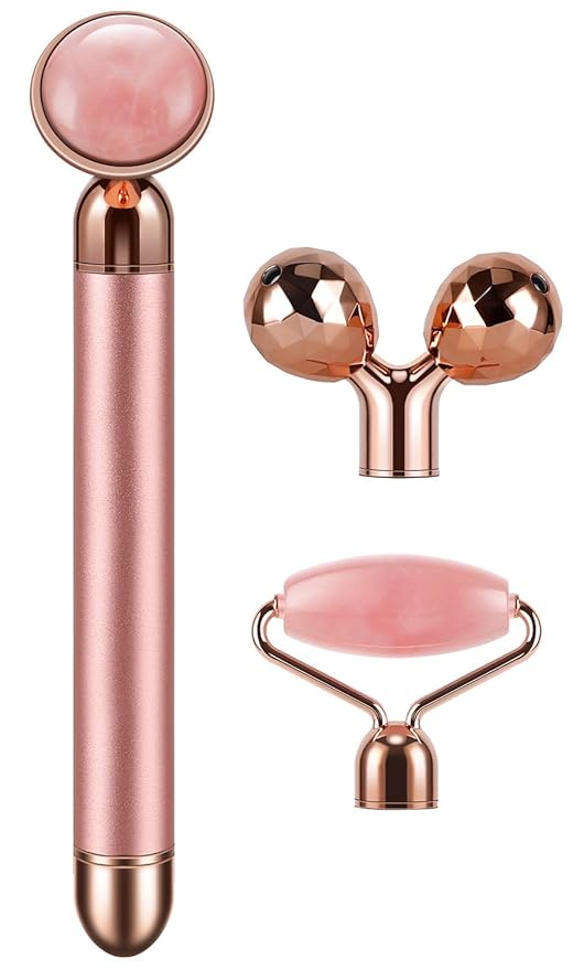 3-IN-1 Electric Jade Roller 3D Roller Facial Roller & Face Massager, Rose Quartz