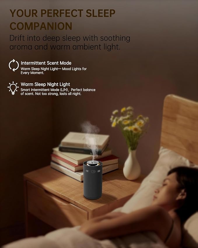 Waterless Essential Oil Diffuser,Portable Car Aromatherapy Diffuser,Rechargeable Cordless Scent Device with Fabric Design,Adjustable Mist & Ambient Light for Home, Office, Travel (Black)