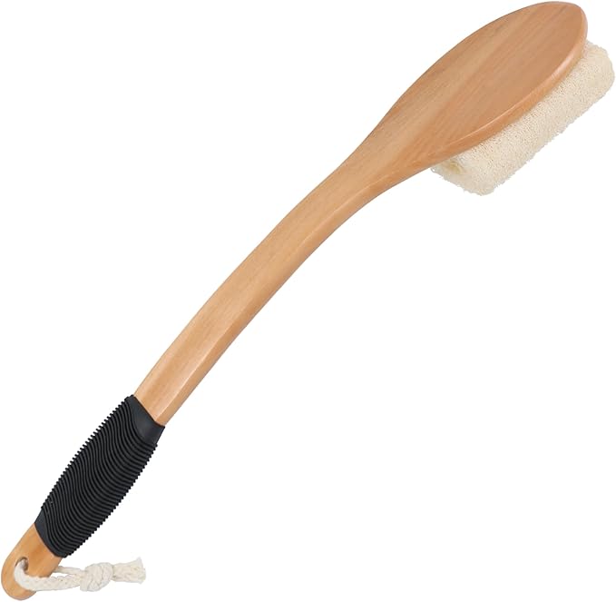 OWIIZI Back Loofah Scrubber Brush with Long Handle, Hard Loofa Sponge Body Bath Scrubber for Shower, Natural Luffa Skin Exfoliating On a Stick for Men Women Elder
