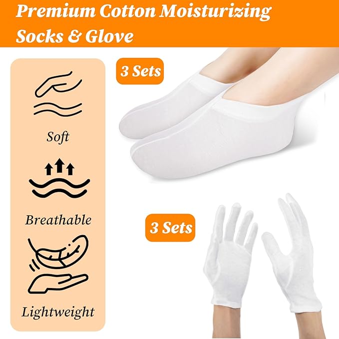 6 Pairs Moisturizing Socks Gloves Set, Spa Foot Moisturizer Socks & Cotton Lotion Gloves for Overnight Hydration, Repair Dry Hands & Feet, Rough Cracked Skin Treatment(Each 3)