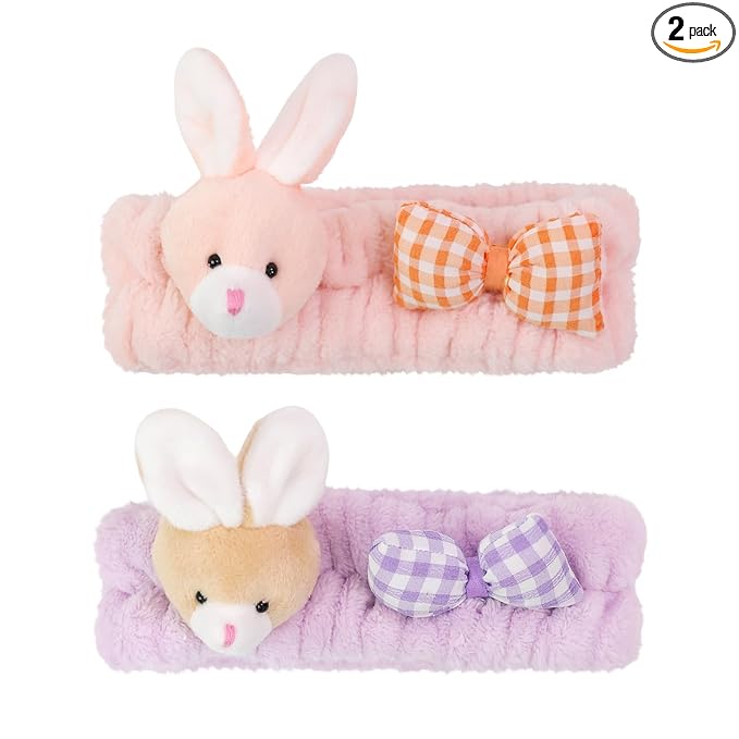 PERFECTSIGHT Kawaii Headband for Spa, Makeup, Washing Face, Party - 2 Pack Cute Hair Band for Shower Beauty Skincare, Soft Facial Headbands for Girls and Women (Purple+Pink Bunny)