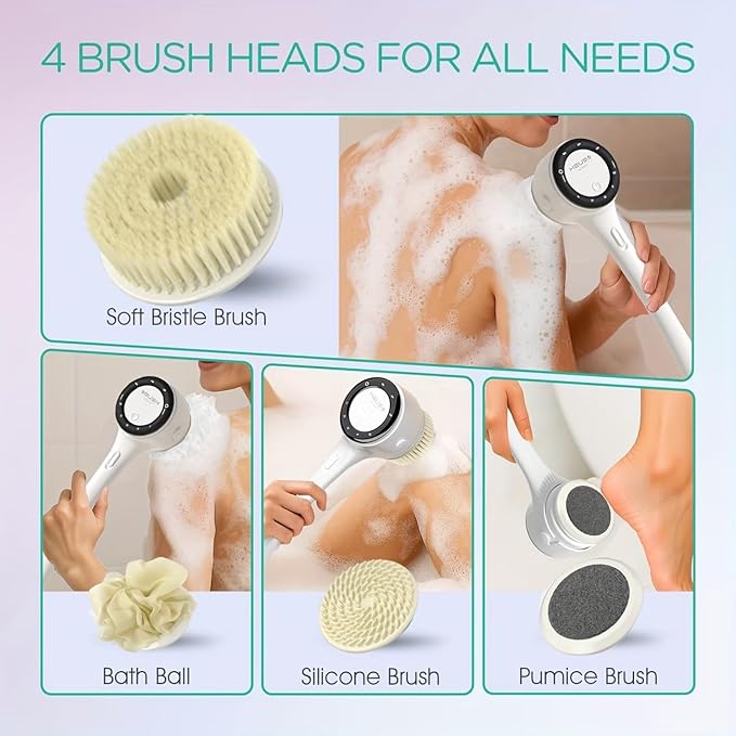 Electric Body Brush Back Scrubber for Shower, Waterproof Long Dual Handle Power Body Scrubber with 5 Heads, Bath Brush 3 Speeds, for Cleansing,Exfoliating and Massaging Skin,Gift for Birthday Holiday