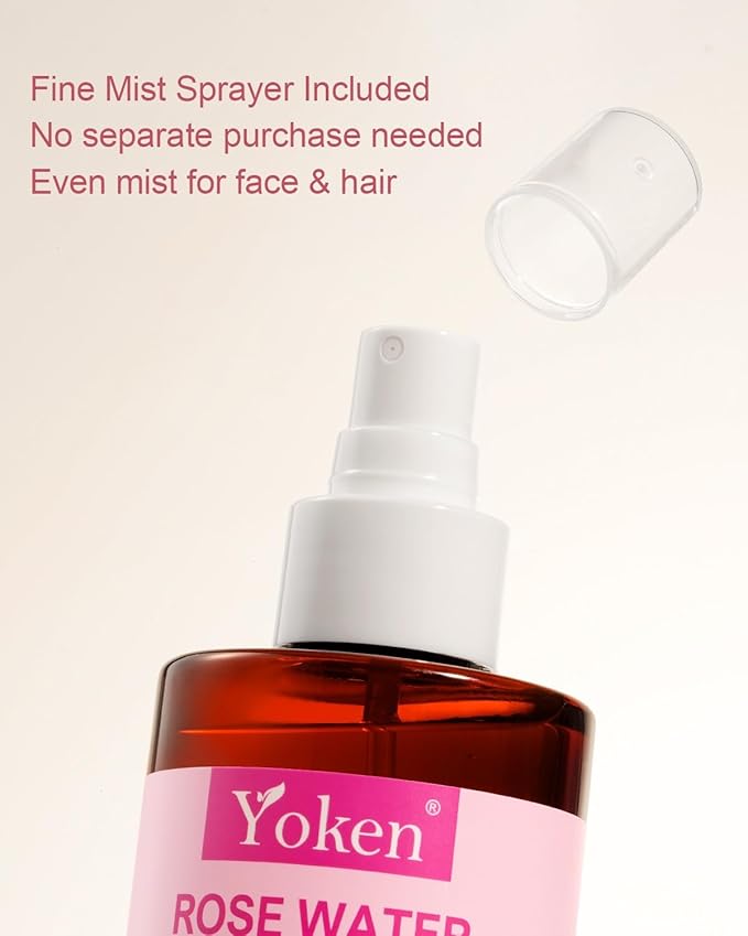 Yoken Organic Rose Water Spray for Face, 12 Fl Oz Fine Mist, Rosewater Face Mist with 100% Pure & Natural Rosa Damascena Rose Hydrosol, USDA Certified Organic, Alcohol Free, Vegan, No Dyes