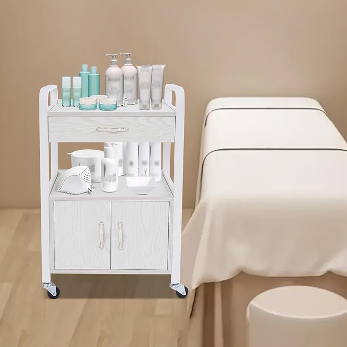 Salon Trolley Cart with Wheels, Mobile Utility Storage Cabinet with 1 Drawer & Shelves, 165lbs Load Capacity Rolling Cart for Beauty SPA Nail Salon, White