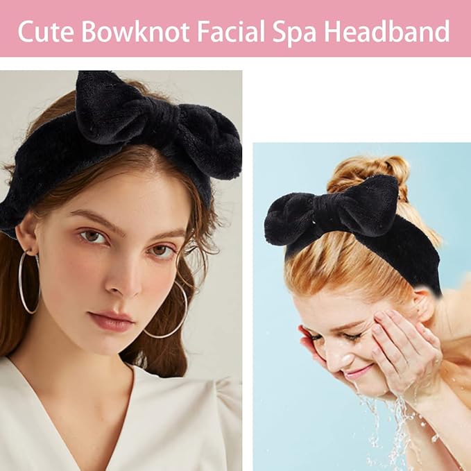WHAVEL 6 Pack Spa Headbands,Black Makeup Microfiber Bowtie Headbands Soft Bowknot Fluffy Elastic Hair Band