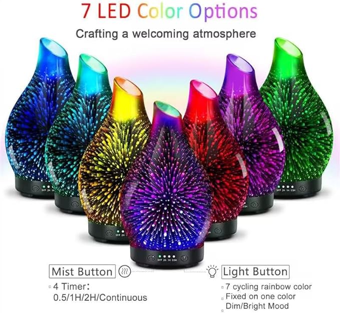 Essential Oil Diffuser 150ML -3D Firework Glass Aromatherapy Diffusers for Essential Oils with 4 Timer Setting Auto Shut-Off Silent Operation 7 Colors Lights Changing for Room, Office, Yoga