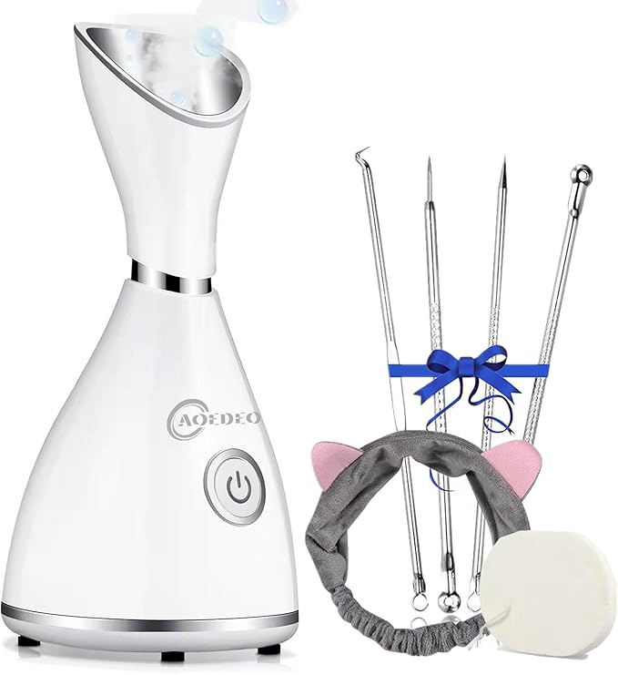 Nano Ionic Face Steamer - Warm Mist Humidifier for Deep Facial Cleansing - 4 Piece Stainless Steel Skin Kit, Hair Band, Wash Face Sponge