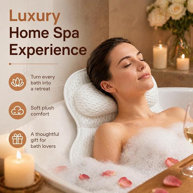 4D Air Mesh Bath Pillow for Tub, Soft Bathtub Cushion with 6 Non-Slip Suction Cups for Head, Neck & Back Support, Machine Washable Spa Pillow, White