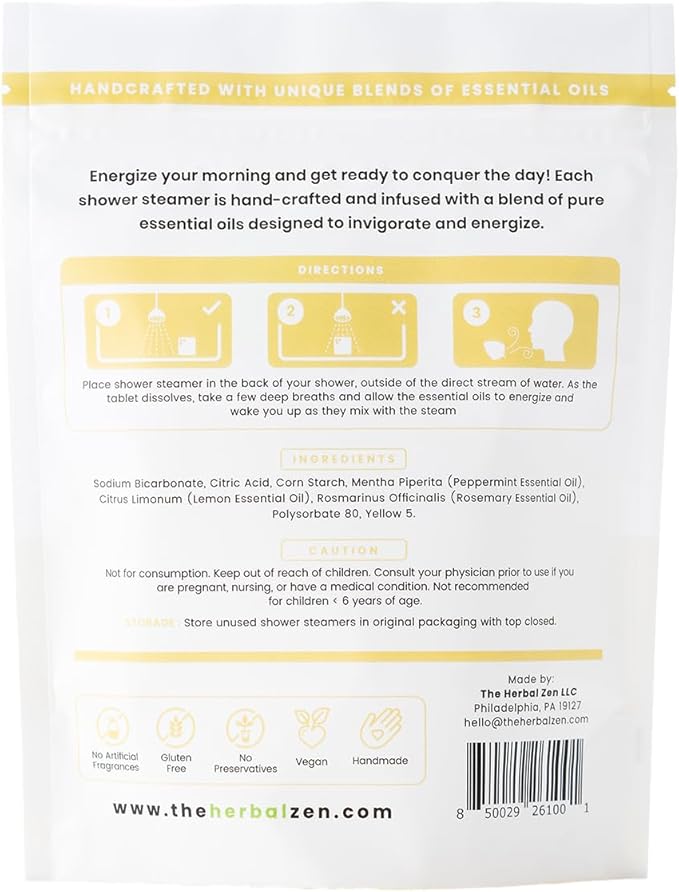 Morning Energy Shower Steamers Aromatherapy 10 Pack - Energizing Peppermint and Lemon Essential Oils for Morning Energy - USA Made Natural Shower Bombs Aromatherapy Gift - The Herbal Zen