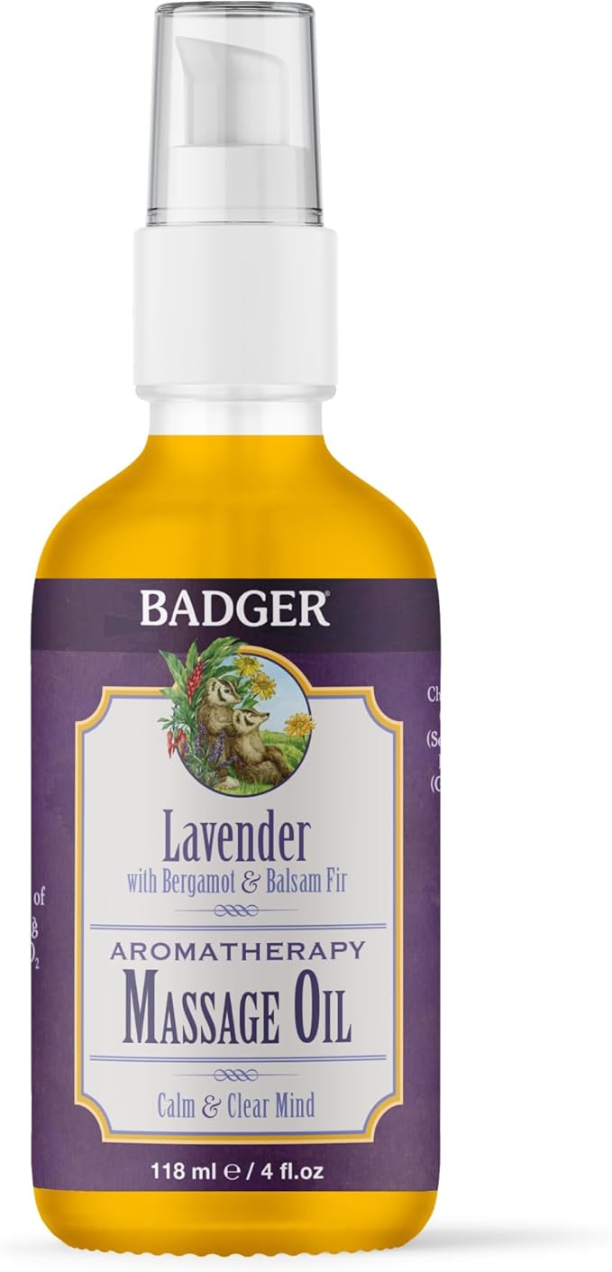 Badger Lavender Massage Oil, 100% Organic Massage Oil, Relaxing & Moisturizing Pure Aromatherapy Oils of Lavender, Bergamot & Balsam Fir, 4 fl oz Glass Bottle