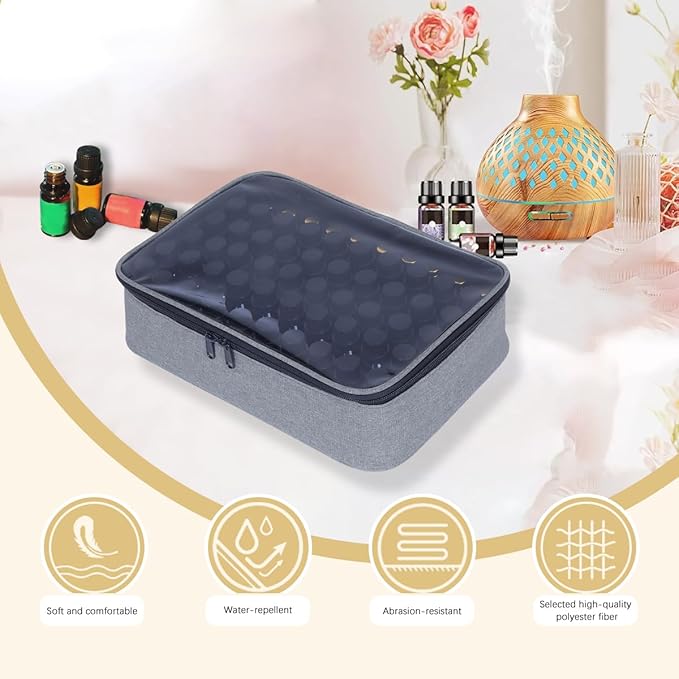Essential Oils Carrying Case Holds 60 Grids for 1-3ML Roller Bottles 5ml, 10ml, 15ml Bottles Storage Organizer Bag Transparent, Essential Oil Bag with Detachable Sponge Pad Gray