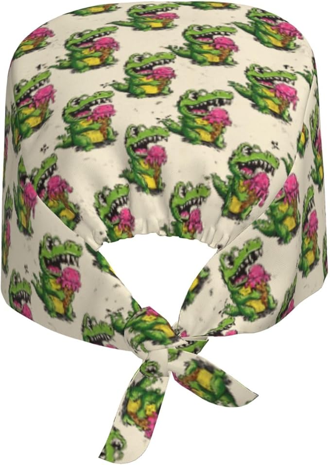 Alligator Ice Cream Working Cap, Scrub Cap with Sweatband, Adjustable Tie Back Hat Breathable Headgear for Women/Men