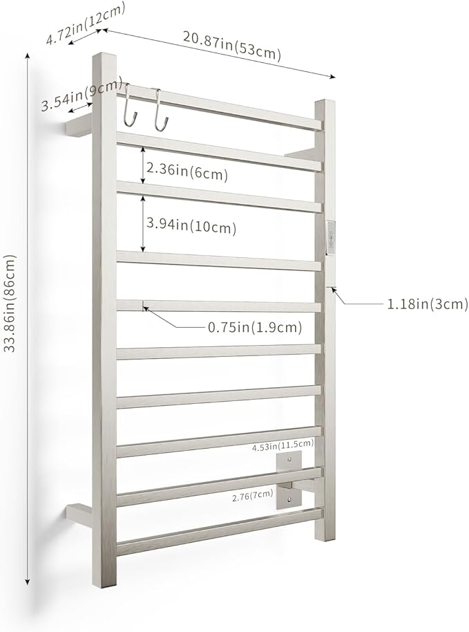 Wall Mounted Towel Warmer Square 10 Bars with Plug-in and Hardwired Options 3 Working Modes Brushed Stainless Steel 21" W 34" H