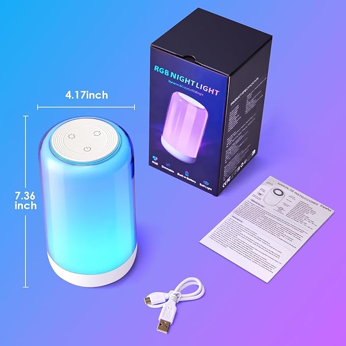 Touch Night Light Rechargeable LED Mood Lamp 7 RGB Color Ambience Lighting for Bedroom Bathroom Nursery Home, Dimmable & Portable Table Lamp for Adults/Kids