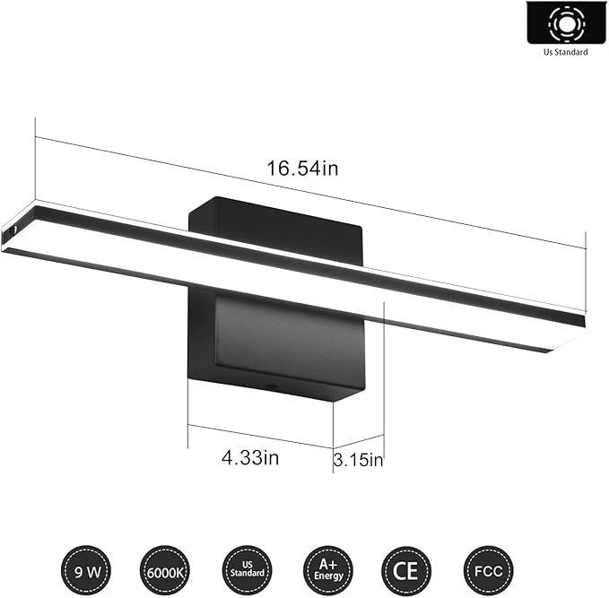 Black Bathroom Vanity Lights 16 Inch LED Lights Over Mirror for Bathroom 9W Bath Lamp Cool White 6000K Vanity Lighting Fixtures Black Modern Wall Lighting for Mirror