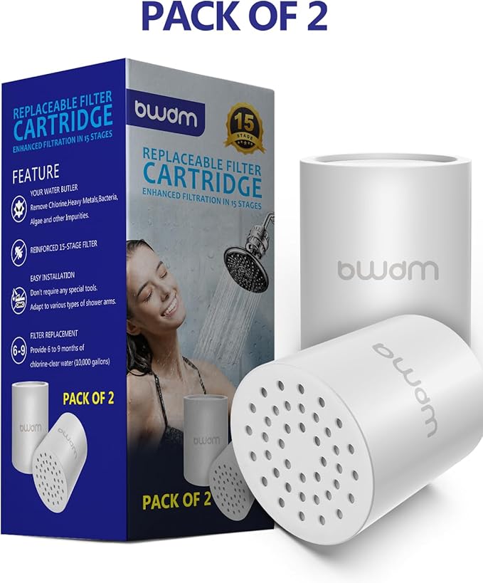 Shower Filter Replacement Cartridge, 15 stage, High Output, Vitamin C, Removing Heavy Metals Hard Water.Universal with Any Shower Filter of Similar Design.Pack of 2